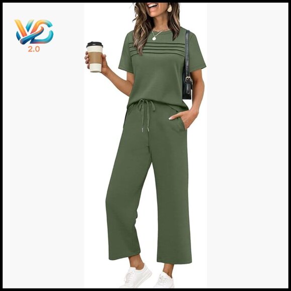 Pants - Two Piece Set Wide Leg Pants Short Sleeve Lounge Travel Outfit S-3XL